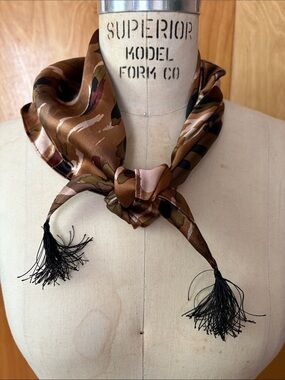 Handmade Silk Tigerstripe Camo Scarf with Black Corner Tassels